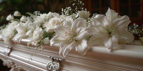 A white floral bouquet adorns the coffin in a funeral setting, symbolizing grief and mourning.