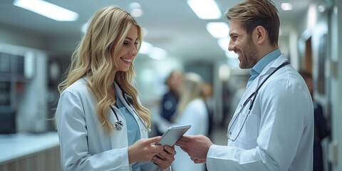 Obraz premium Two healthcare workers, a doctor and a nurse, discuss patient care using a stethoscope and a digital tablet.