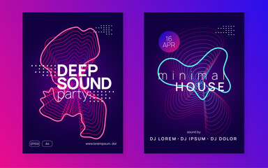 Neon flyer. Dynamic fluid shape and line. Futuristic concert magazine set. Neon flyer trance event. Techno dj party. Electro dance music. Electronic sound. Club fest poster.