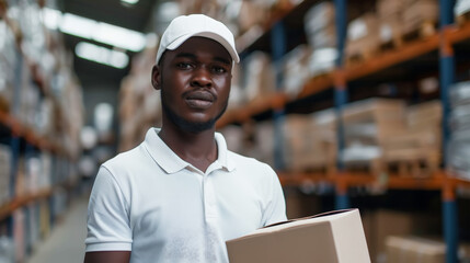 Obraz premium Smiling American African courier holding box against the background of warehouse. Delivery concept. Generative AI