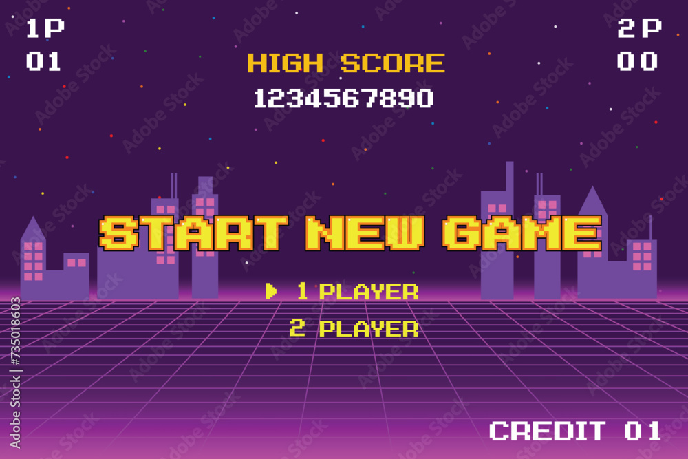 Aufkleber start new game play .pixel art .8 bit game. retro game. for game assets in vector illustrations.