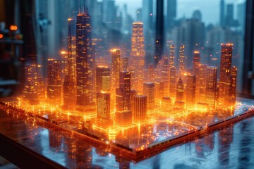 a hologram of the buildings of a large city on the table. The concept of a smart city