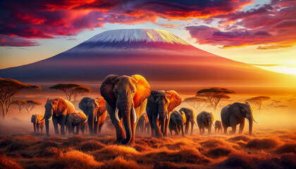 African Sunset Spectacle: Herd of Elephants in Front of Mount Kilimanjaro  - obrazy, fototapety, plakaty