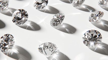 Luxurious pattern of diamonds on white background. Sparkle of gemstones. Precious stones jewelry concept. Generative AI - obrazy, fototapety, plakaty