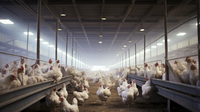 A large poultry farm with chickens and roosters. Meat and egg production, agriculture, poultry farming, industrial business.