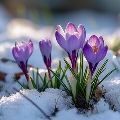 Crocus flowers in the snow. The concept of spring awakening of nature.