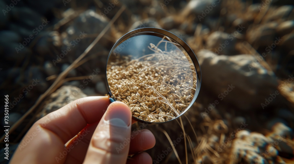 Poster closeup of a hand holding a sample of grain with a magnifying gl highlighting the high level of clea