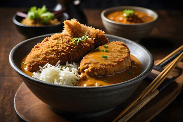 Chicken katsu curry with crispy breaded chicken cutlets and Japanese curry sauce.