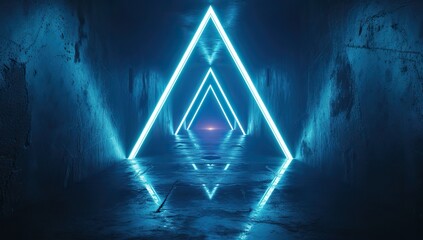 Blue neon triangle in a dark corridor. The concept of futuristic design and technology.