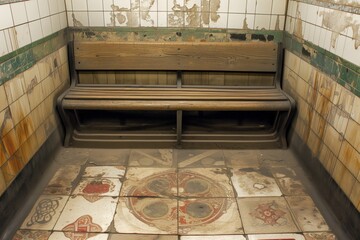 a subway bench surrounded by preserved ancient floor tiles