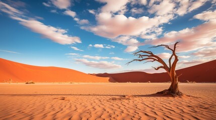 The most beautiful landscape of Africa, a desert with a single withered tree against a blue sky with rare white clouds on a sunny day. Copy space.