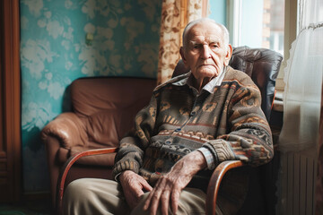 Elderly man sitting in chair in nursing home. 