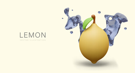 Realistic lemon in clear water splashes. Advertising of fresh citrus fruits