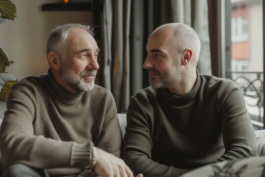 Cozy Conversation Between Senior Father and Adult Son in Sweaters