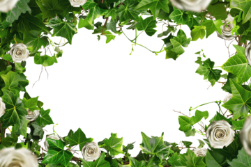 White rose frame. Ivy, vines, green leaves, branches. Intricate flawless pen tool cutout. Transparent PNG background. Love concept. Valentines day. Mother's Day. Celebration card design. 