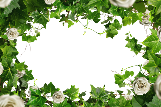 White rose frame. Ivy, vines, green leaves, branches. Intricate flawless pen tool cutout. Transparent PNG background. Love concept. Valentines day. Mother's Day. Celebration card design. 