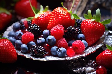 a plate of strawberries, blueberries, and raspberries