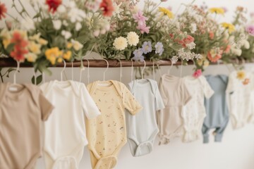 line of genderneutral baby outfits against a backdrop of blooming flowers