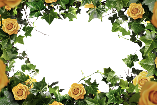 Yellow rose frame. Ivy, vines, green leaves, branches. Intricate flawless pen tool cutout. Transparent PNG background. Love concept. Valentines day. Mother's Day. Celebration card design. 