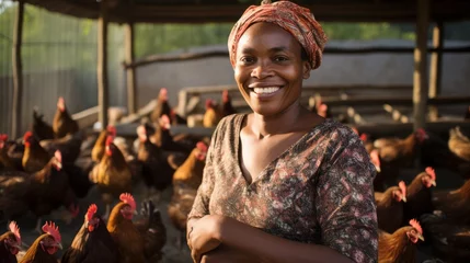Fototapete Heringsdorf, Deutschland A happy black woman in her chicken farm. Small business, agriculture, farming concepts.