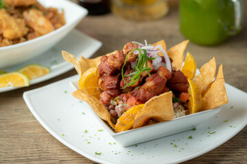 Chifrijo traditional from Costa Rica homemade dish with chicharron
