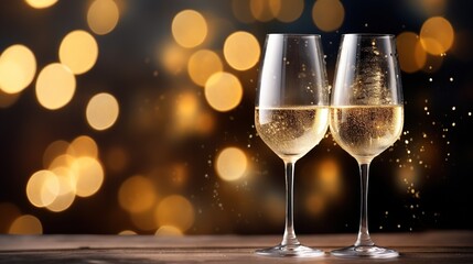 Two champagne glasses on bokeh background, Generative Ai Glasses of champagne at New Year party. Celebration toast. New Year's cards. AI generative.