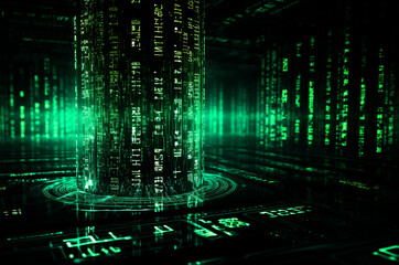 Obraz premium Binary matrix background. Falling digits on dark backdrop. Running random numbers. Abstract data concept. Blue futuristic cyberspace.