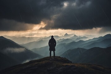Silhouette of a man standing on top of a mountain. Storm Clouds - obrazy, fototapety, plakaty