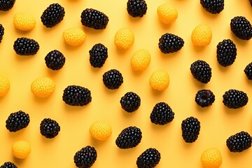 black raspberries blackberries blueberries berries on yellow background