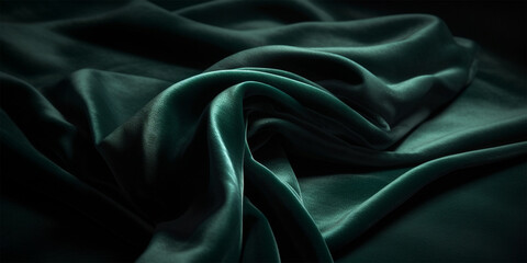 Obraz premium Green Silk Background. Abstract Dark Green fabric background. Fabric texture, satin, velvet, curtain. Wavy folds. Luxury background for design