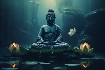 Serene Buddha Among Lotus Flowers