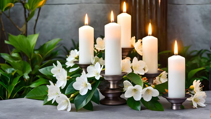 White Flowering Branch and Candles Lights in a Garden: Floral Concept with Burning. greeting card.