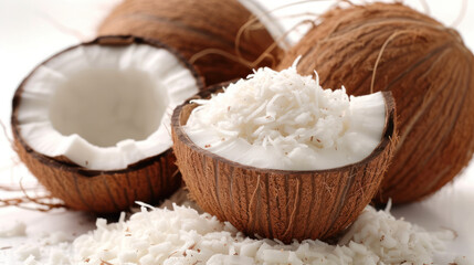 Open coconut filled with coconut flakes. Tropical fruit background. Fresh coconut with shredded...