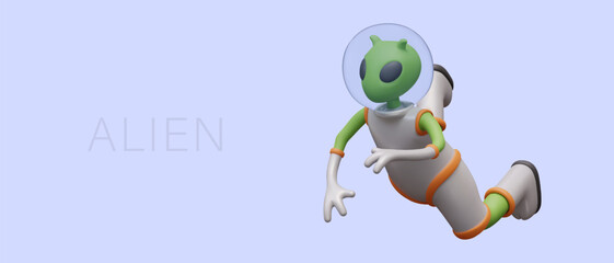 Alien in weightlessness. Green humanoid in spacesuit is floating. No graphitization