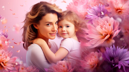 A tender mother-daughter hug in a cascade of petals and pastel blossoms conveys deep family bonds. This scene captures affection, warmth, and the essence of maternal love.