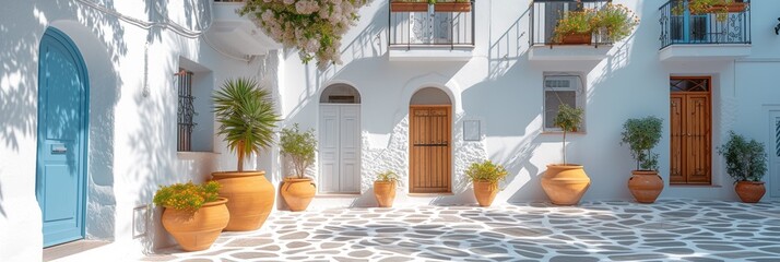 A traditional Mediterranean village with bright white houses, narrow streets, and charming doorways, island life.