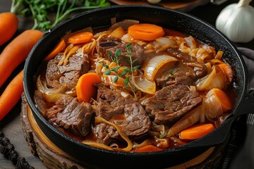 meat and noodles in a frying pan with carrots and onions