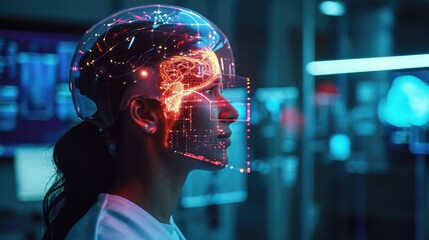 Interactive holographic tutorials on rehabilitation exercises for patients with brain injuries helping them regain motor function and - obrazy, fototapety, plakaty