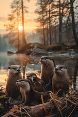 Otter family at the bank of the forest river with setting sun shining. Group of wild animals in nature.