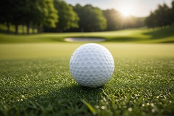 Obraz premium A white golf ball rests on the vibrant green grass near the hole on a golf course by ai generated