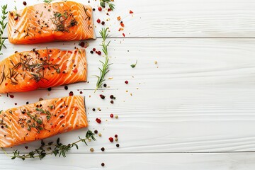 salmon fillets with herbs and spices on a white wooden table