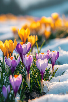 Fototapeta Colorful crocus flowers and grass growing from the melting snow and sunshine in the background. Concept of spring coming and winter leaving.