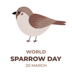 World Sparrow Day banner. March 20. Sparrow bird and basic text on white background. Birds protection theme for web banner or leaflet. Square shape. Vector illustration.