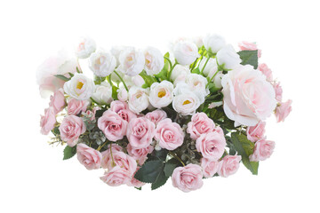 Bouquet of white and pink artificial roses isolated on white background.