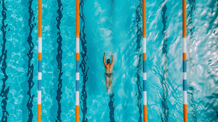 Aerial view of a swimmer in a cap in a pool with lane dividers, symbolizing competition and training for the Olympic Games in Paris - Powered by Adobe