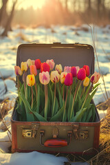 Vintage suitcase with colorful tulip flowers and blooms lying on the meadow with the rests of the melting snow and grass growing. Concept of spring coming and winter leaving.