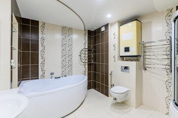 interior apartment room bathroom, sink, decorative elements, toilet. WC, sanitary unit, wash room