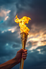 Hand holding a golden Olympic torch with a bright flame against a dramatic cloud-filled sky, symbolizing the Olympic Games in Paris, with copy space for text - obrazy, fototapety, plakaty