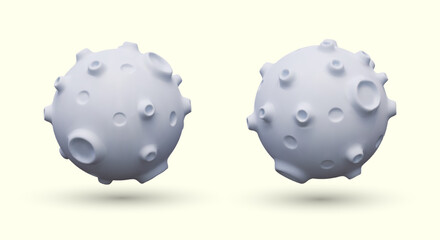 Set of planets with craters. 3D vector round moon. White celestial body