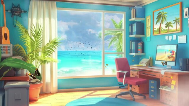 beach resort in summer theme with blue sky background. Cartoon or anime watercolor digital painting illustration style. seamless looping 4k video animation background.
